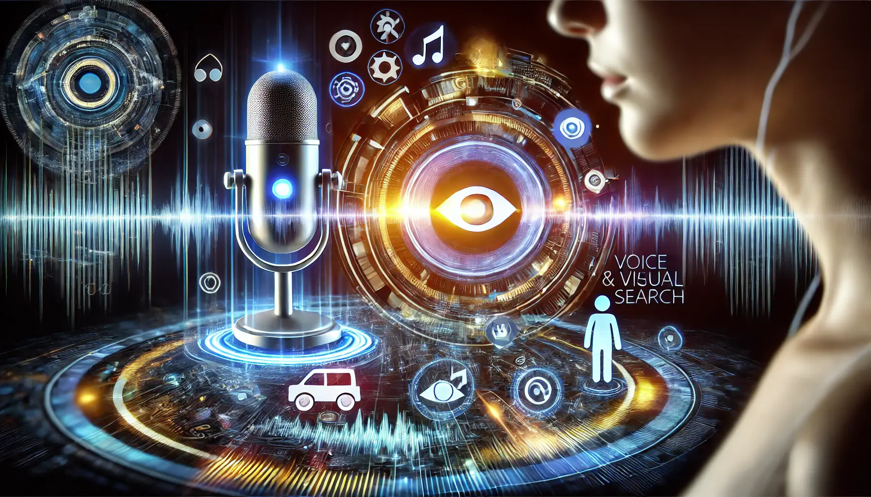 Futuristic depiction of voice and visual search technologies with a digital assistant and glowing microphone.