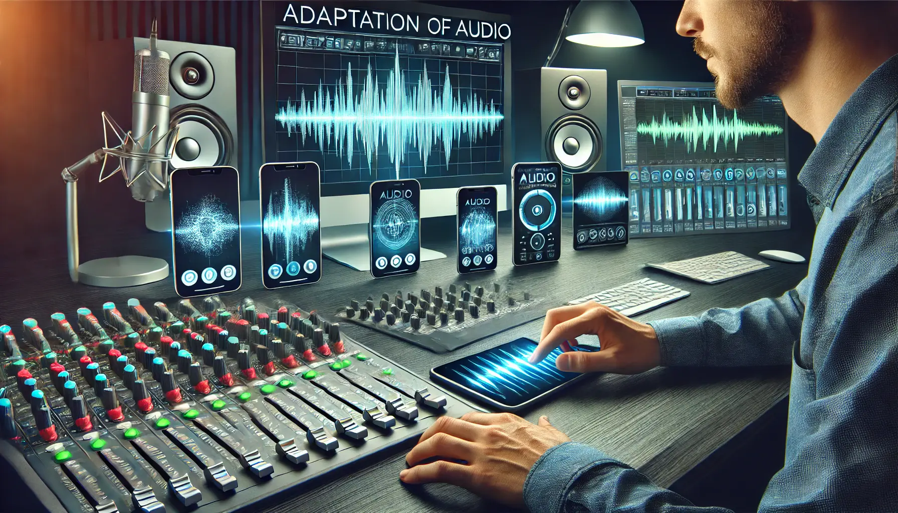 Professional image showing a smartphone, tablet, and desktop computer with sound wave visualizations, symbolizing audio adaptation for different devices.