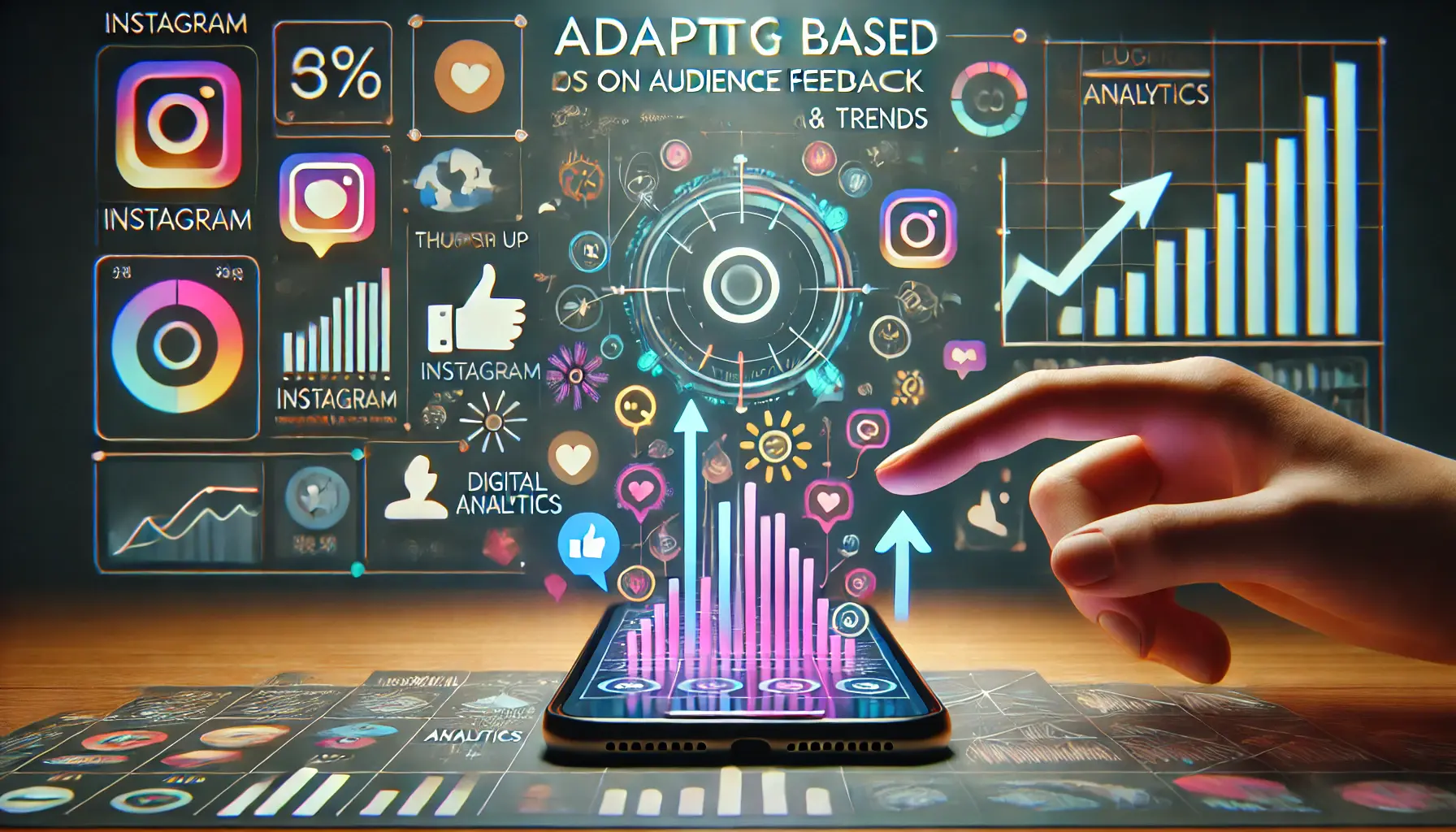 An image showing a smartphone displaying an Instagram Reel, surrounded by glowing engagement icons like thumbs up, speech bubbles, and trend indicators.