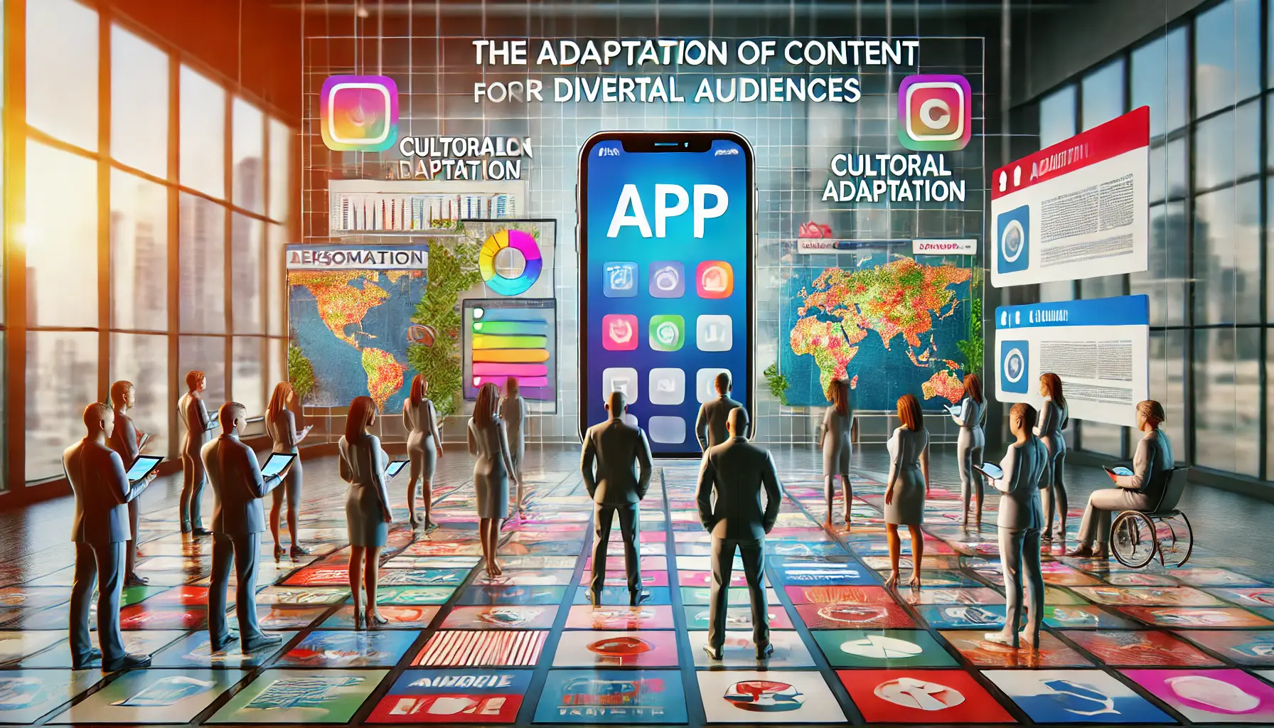 A digital concept showing human figures from different cultures interacting with personalized app interfaces, symbolizing content adaptation for diverse audiences.