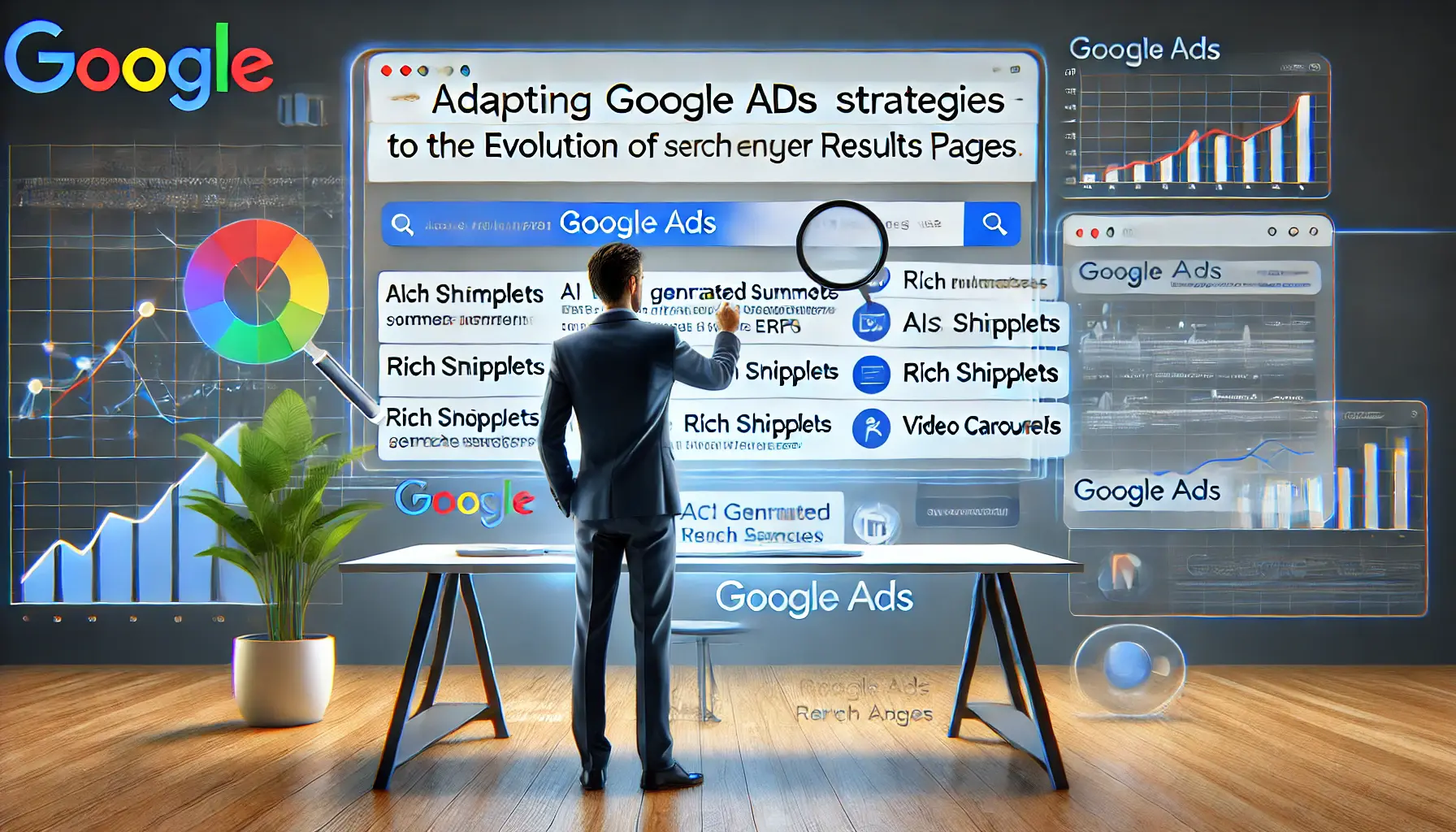 Digital marketer adjusting Google Ads strategies on a search results page with AI-generated summaries and rich snippets.