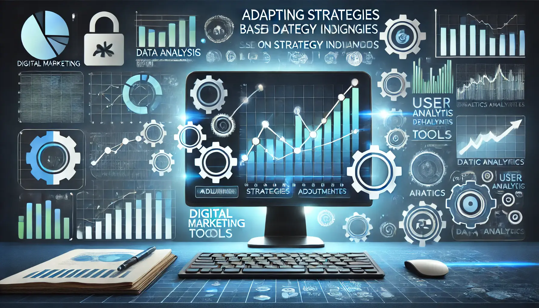 A digital marketing scene showing a computer screen with fluctuating data points, gears, and arrows symbolizing strategy adaptation based on data insights.