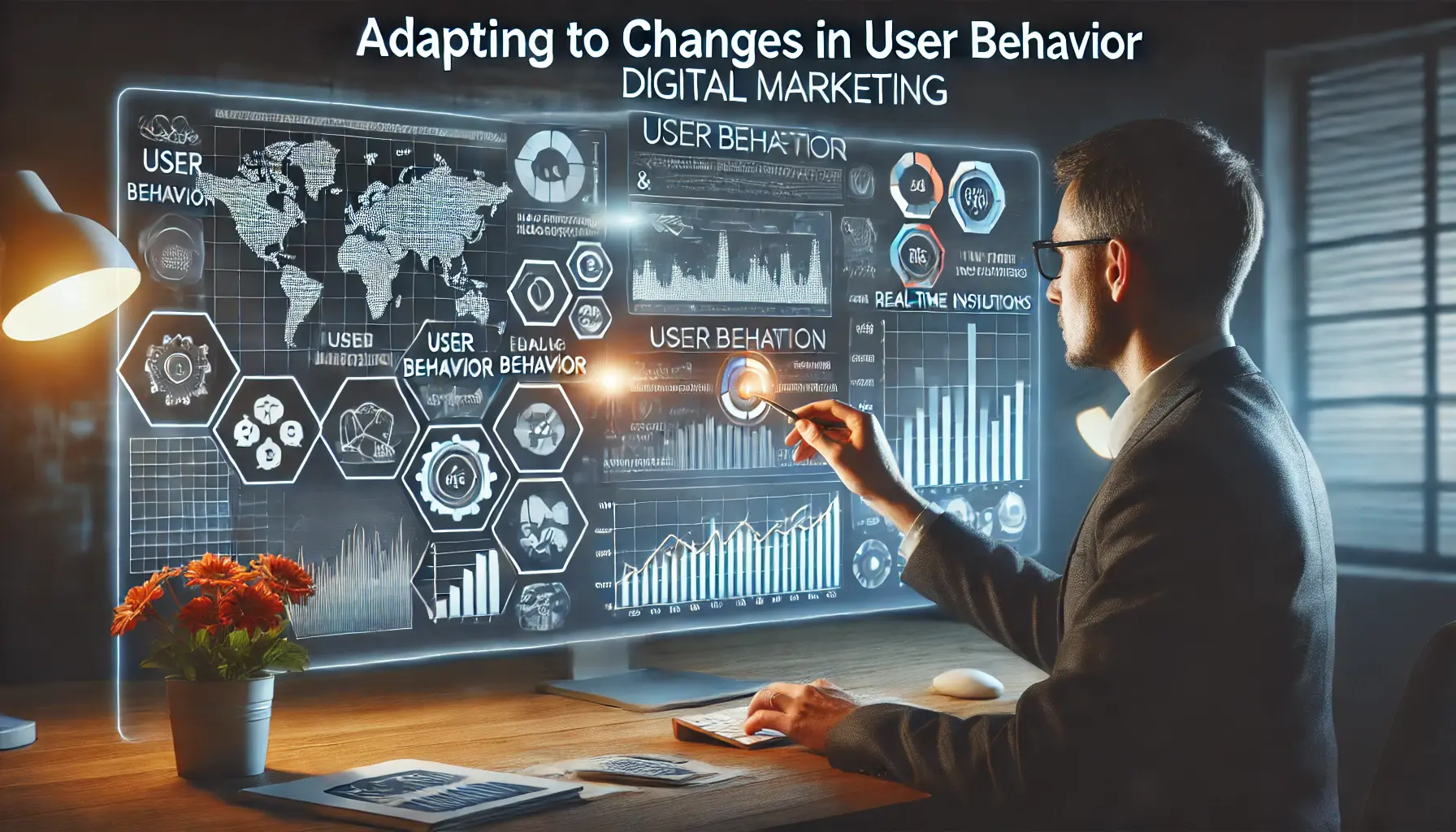 An illustration of a marketer analyzing user behavior data, with heatmaps, graphs, and trends showing user interactions and behavior patterns.