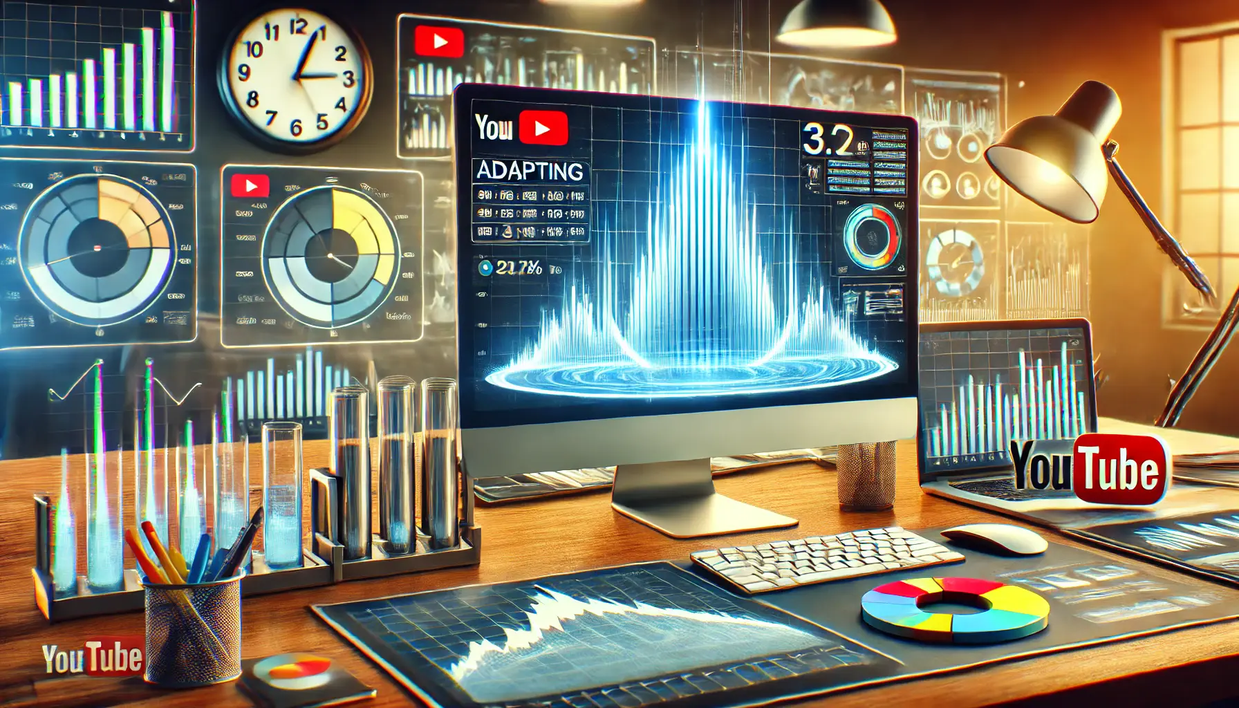 A digital marketing workspace with a computer displaying evolving analytics graphs that show changes in viewer behavior for YouTube ad campaigns.