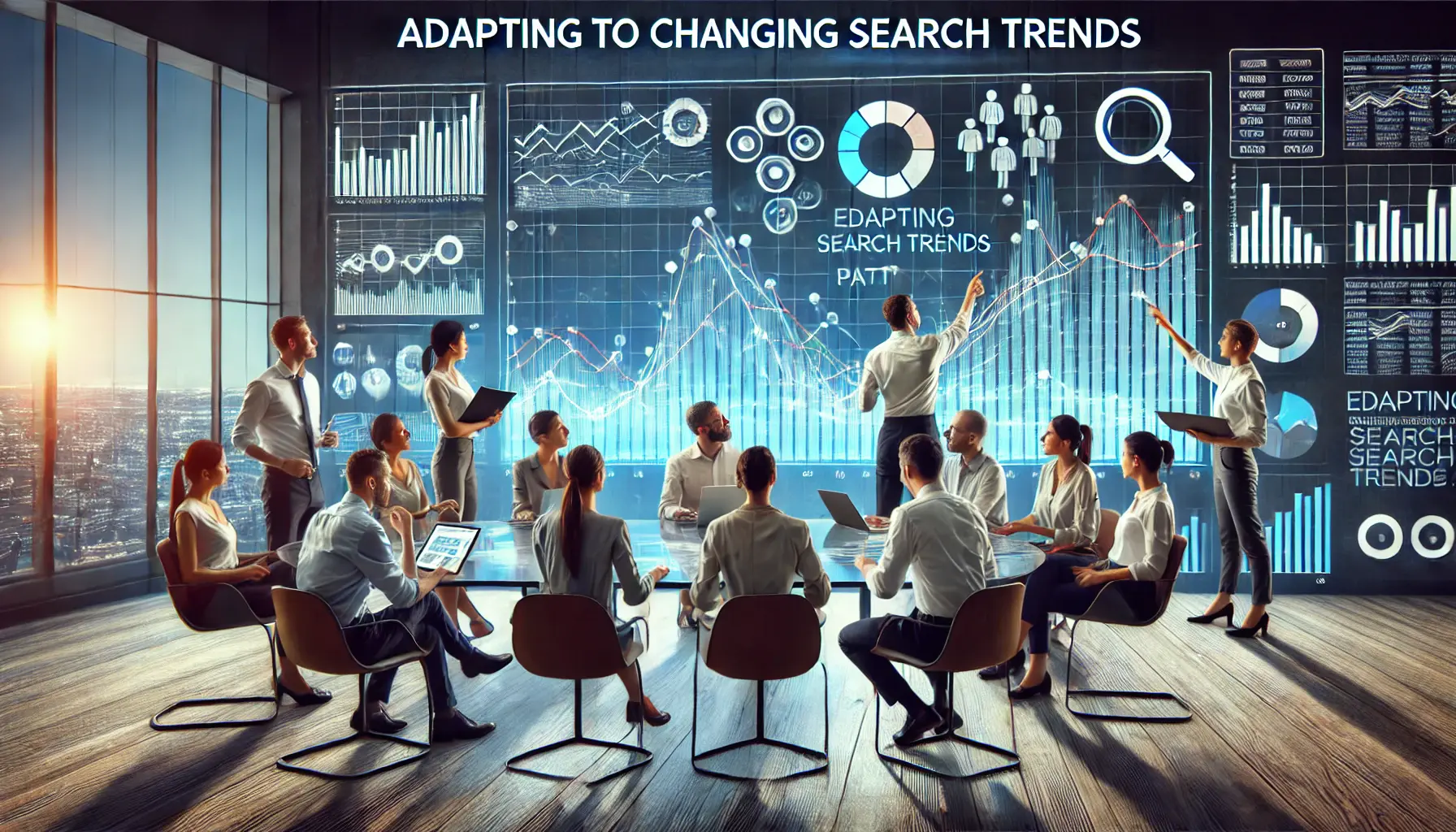 Digital marketing team analyzing a graph showing fluctuating search trends and user behavior patterns.