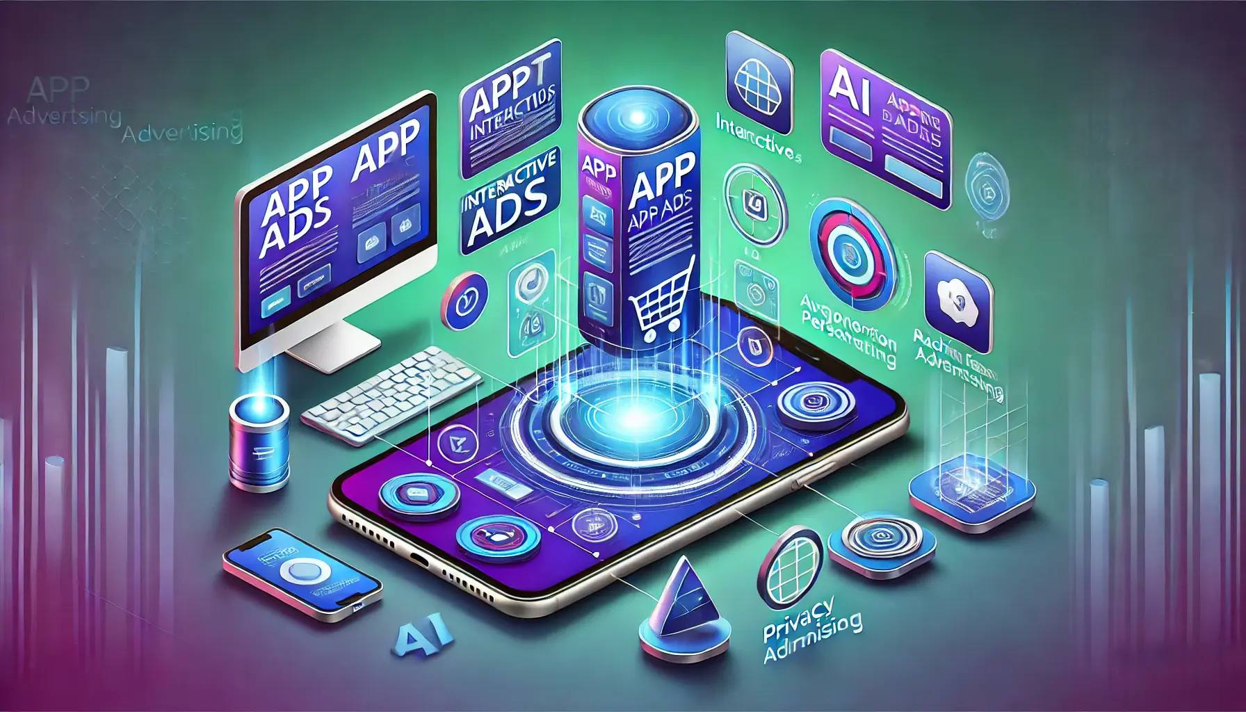 An image showing app advertising trends with mobile and computer screens displaying interactive ads, augmented reality, and AI icons.