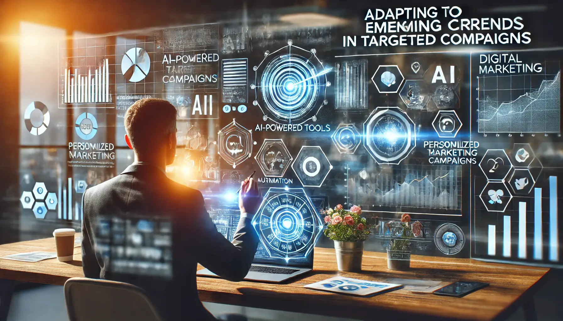 An illustration of a marketer analyzing a digital dashboard with emerging trends like AI-powered tools, automation, and personalized targeting.