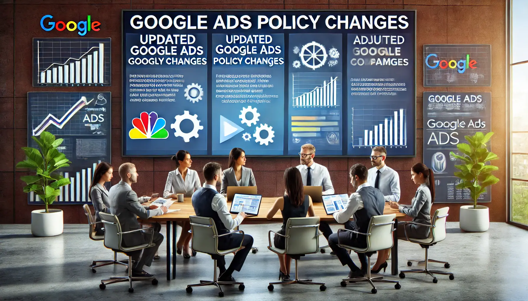 A team discussing and analyzing updated Google Ads policies in a modern office setting.