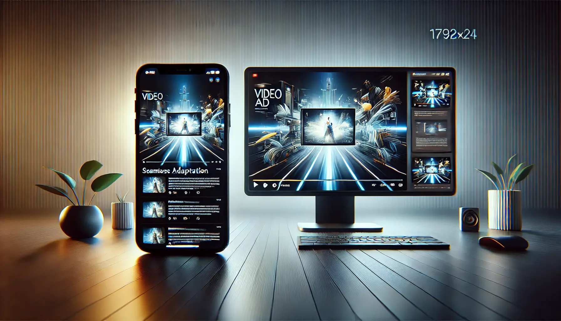 An illustration of a split-screen showing a video ad on a mobile device and a desktop monitor, highlighting seamless adaptation for different platforms.