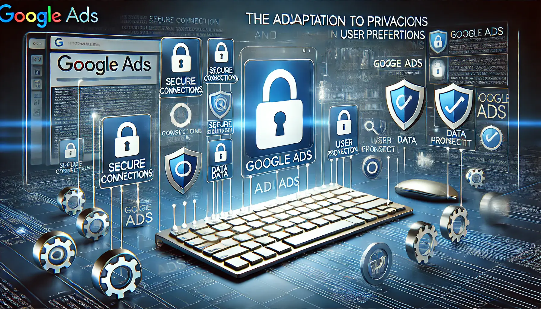 An image depicting privacy symbols such as lock icons, shields, and data protection graphics in a Google Ads interface, reflecting privacy compliance.