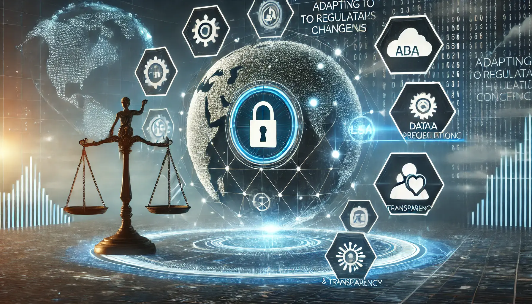 A conceptual visualization of adapting to regulatory changes and privacy concerns in digital advertising, featuring icons for privacy, data protection, and compliance.