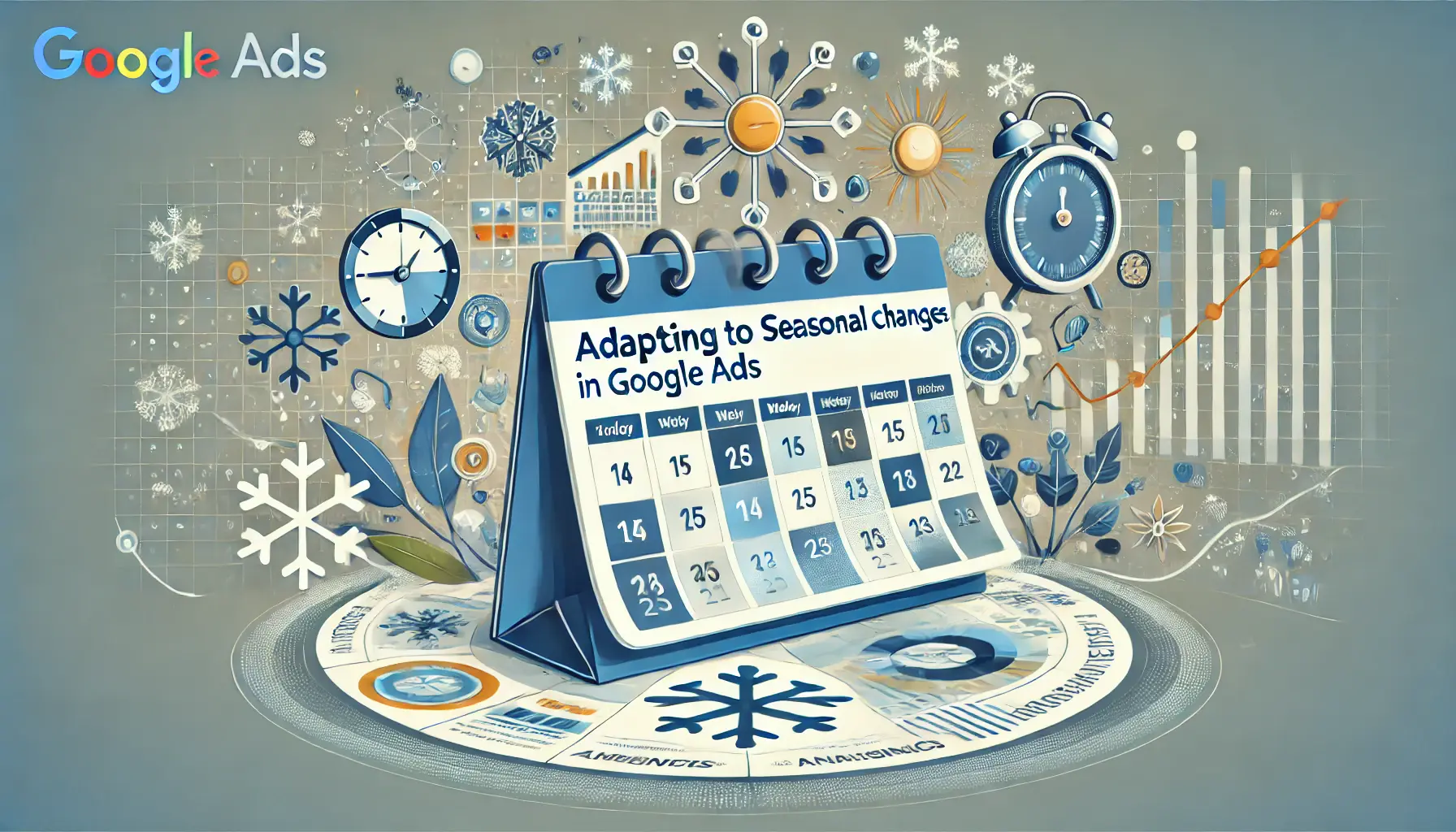 A digital calendar with highlighted seasonal events and analytics charts tracking trends, surrounded by seasonal icons like snowflakes and sun, symbolizing adjustments.