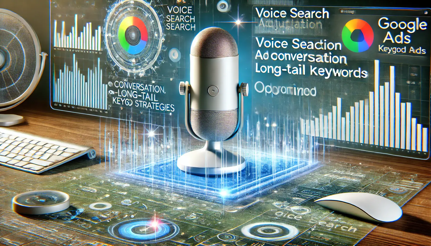 A digital marketing scene showing a voice assistant and data adjusting to voice search queries with long-tail keywords.