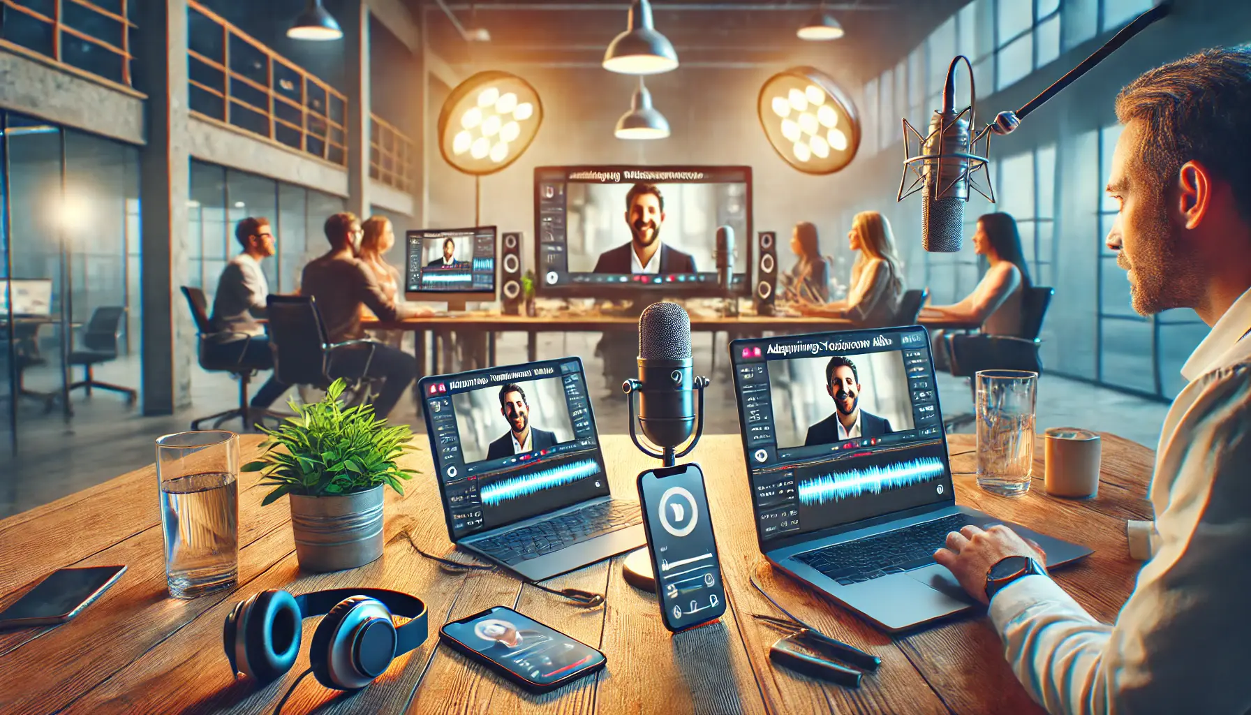 A digital marketing team working in an office, testing a video ad on both a laptop and a smartphone, adjusting voiceover levels for each device.