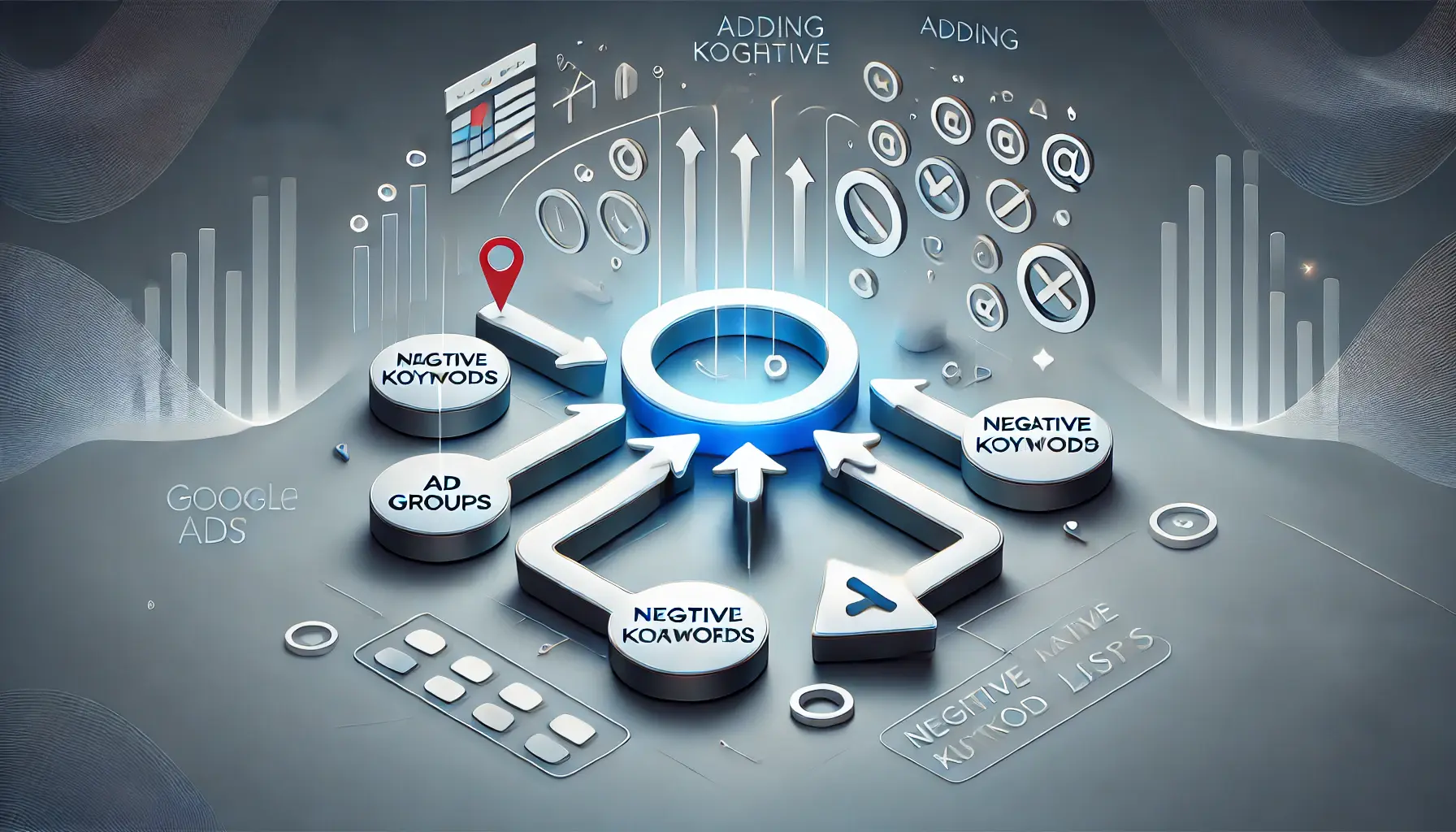 Abstract representation of adding negative keywords to campaigns and ad groups, featuring icons like campaign interfaces, ad groups, and keyword lists.