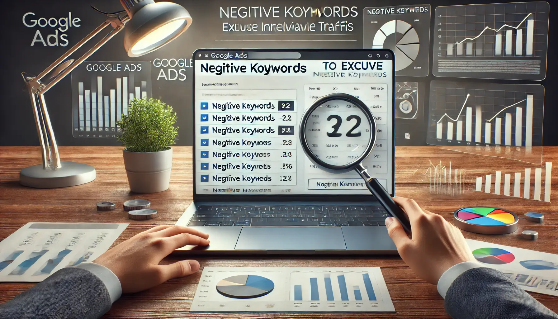 A digital marketing workspace showing a laptop with a Google Ads campaign interface, adding negative keywords and filtering irrelevant traffic.