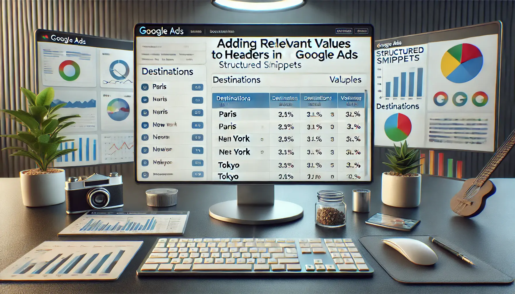 A Google Ads dashboard showing the section where values are added under headers like 'Destinations,' with examples such as 'Paris,' 'New York,' and 'Tokyo,' in a professional workspace.