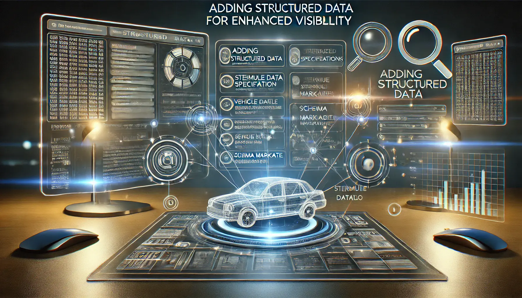 A digital interface showcasing structured data elements like vehicle specifications and schema markup for better visibility.