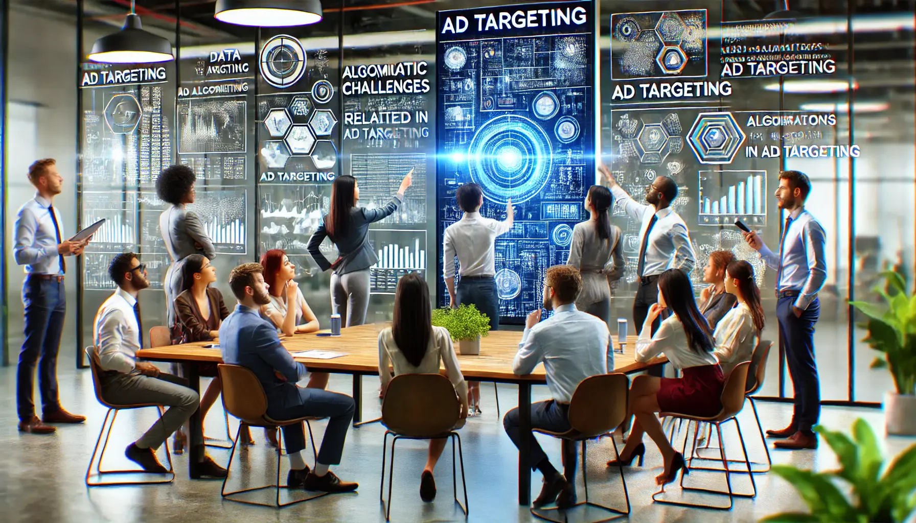 A diverse team of professionals working together in a modern office to address algorithmic challenges in ad targeting.