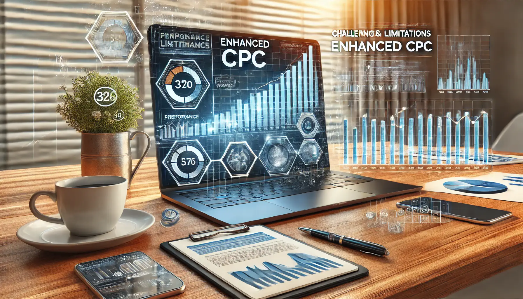 A digital marketing workspace with a laptop displaying a performance dashboard with fluctuating metrics, symbolizing challenges in Enhanced CPC campaigns.