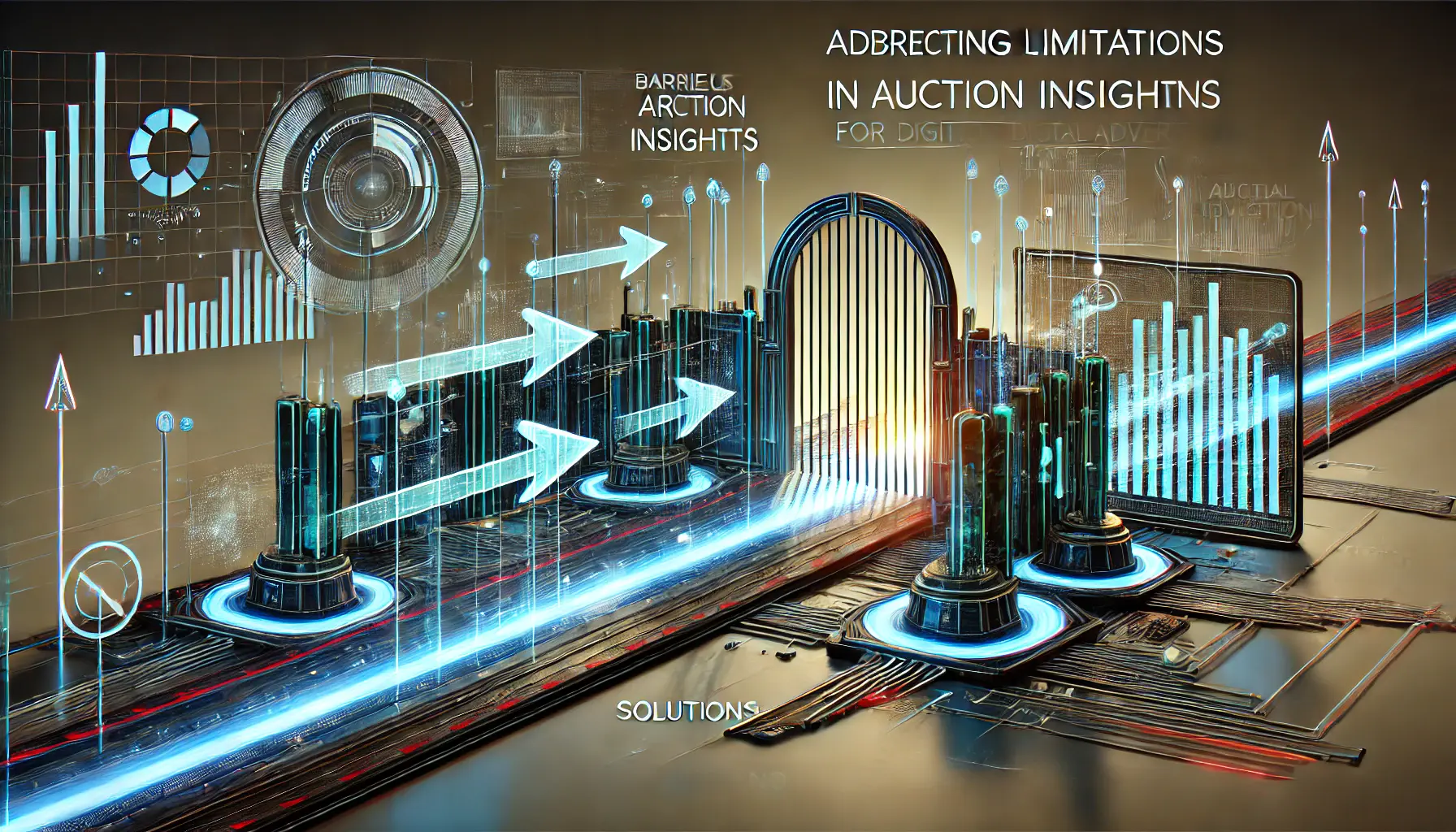 A futuristic dashboard with barriers being overcome by highlighted pathways and improved connections.