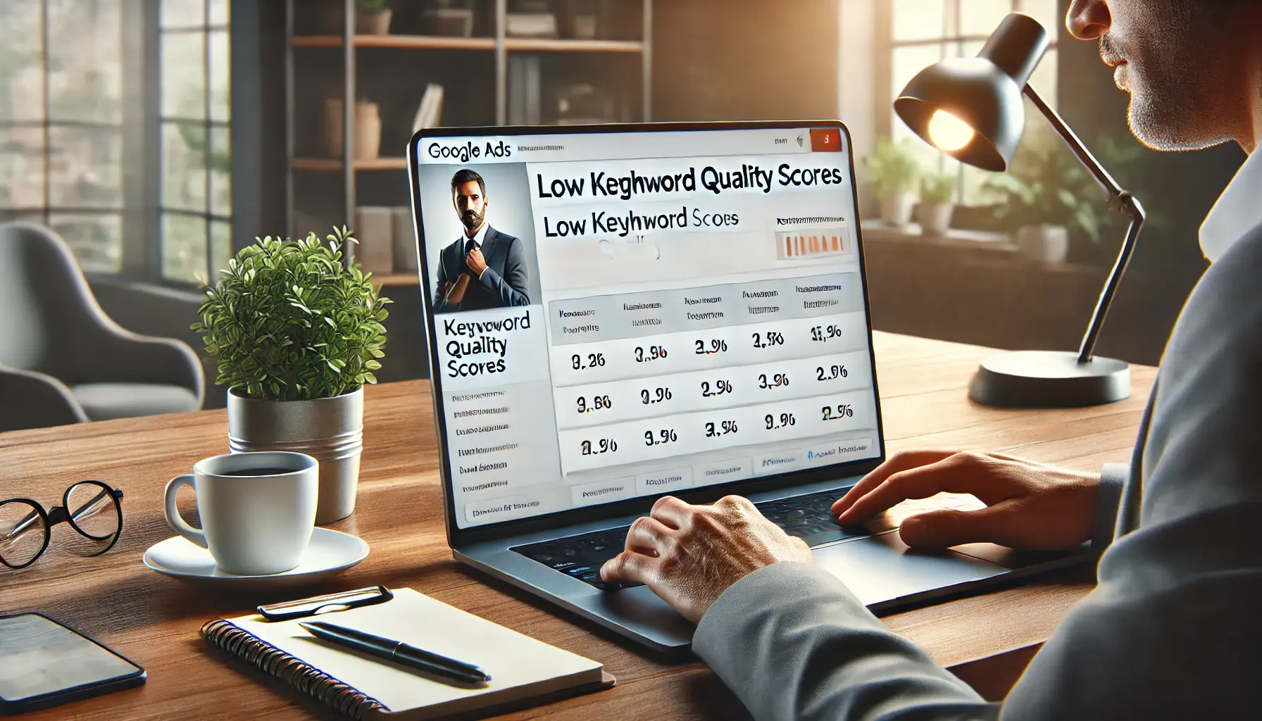 A business professional reviewing a Google Ads campaign on a laptop screen displaying low keyword quality scores and recommendations for improvement.