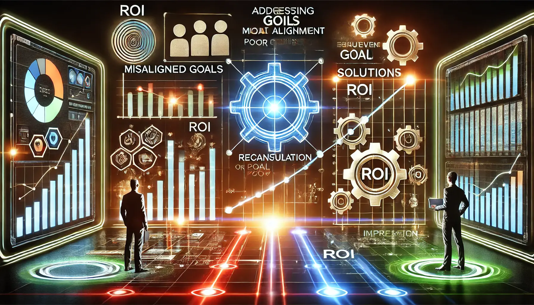 A visual representation of addressing misaligned goals or poor ROI in digital advertising, showcasing goal recalculation and performance adjustments.