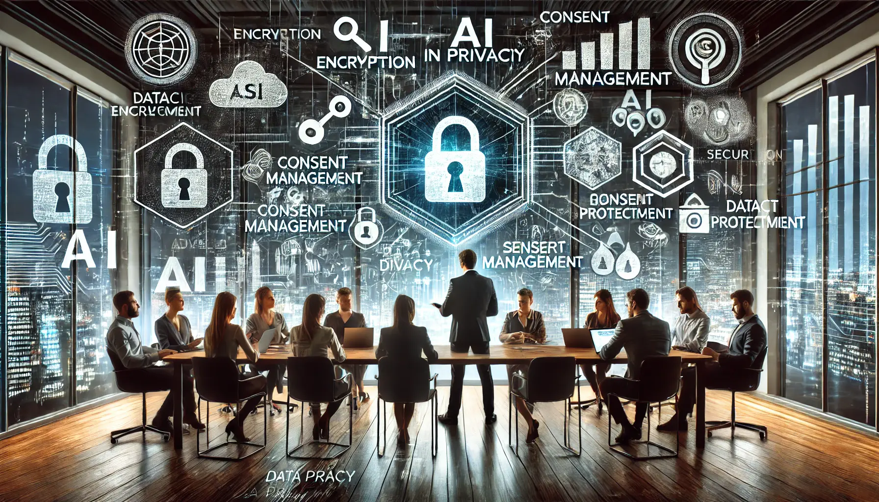 A team of professionals discussing data privacy concerns in digital marketing, with visuals of encryption, consent management, and secure data handling.