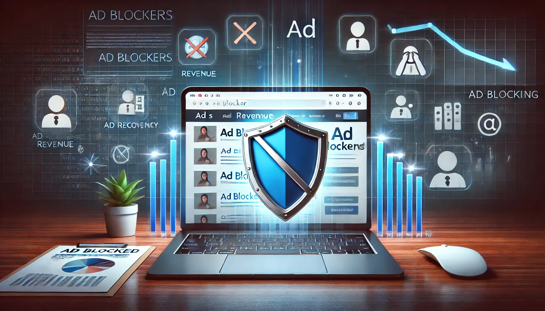 An image showing the effect of ad blockers on digital ads, with a shield icon blocking ads, downward revenue graphs, and user frustration symbols.