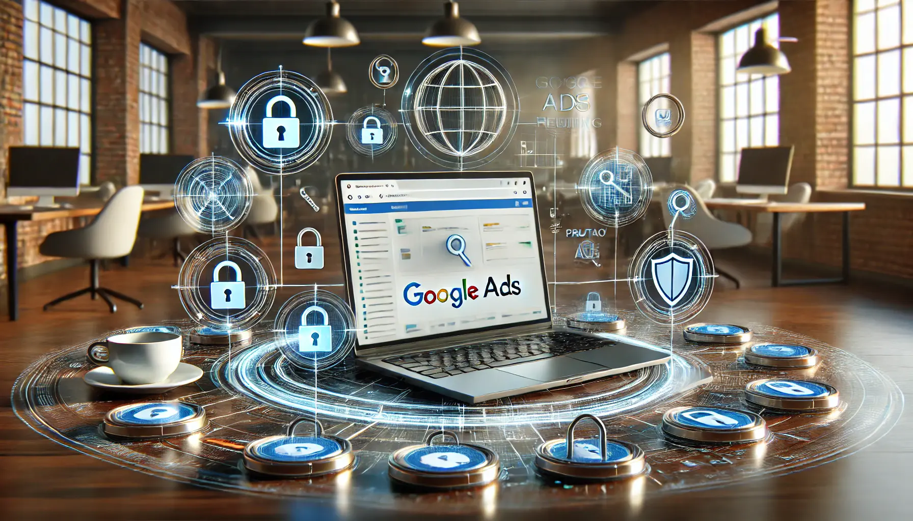 A digital marketing workspace emphasizing data privacy regulations with security icons like encryption, privacy shields, and data protection.