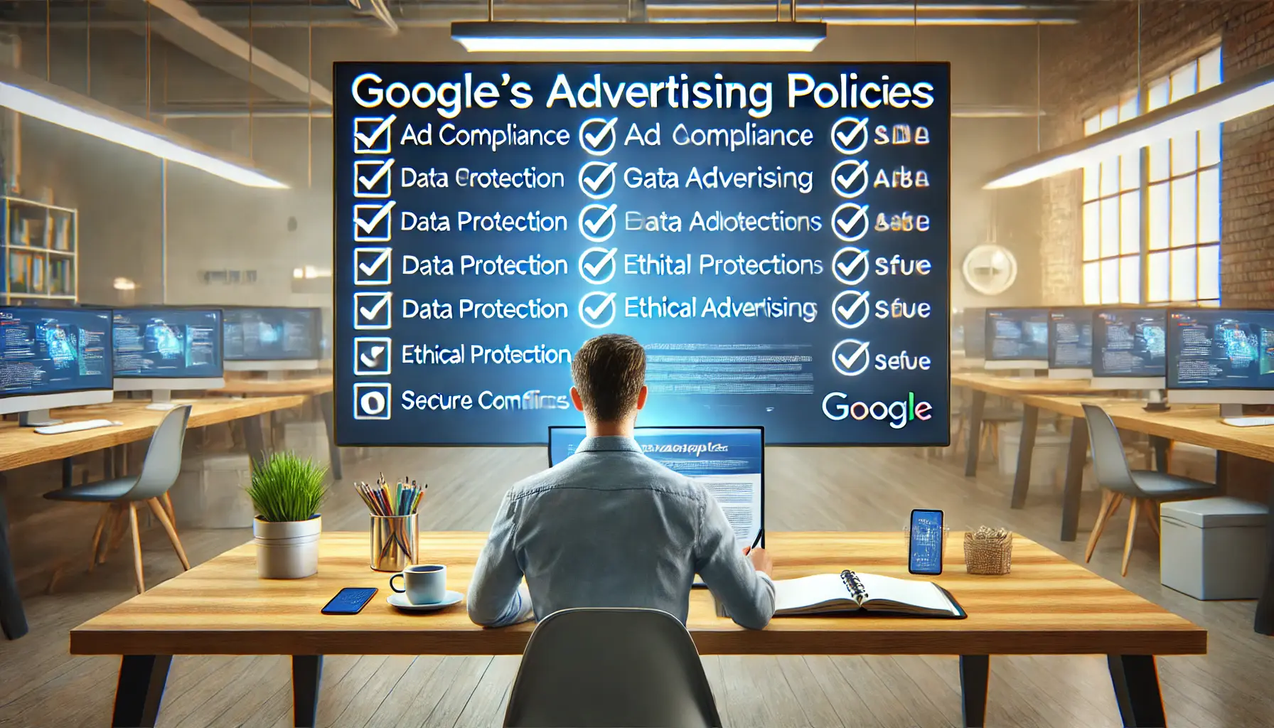 A digital marketer reviewing Google's advertising policies on a large screen, with icons for compliance, data protection, and ethical advertising practices.