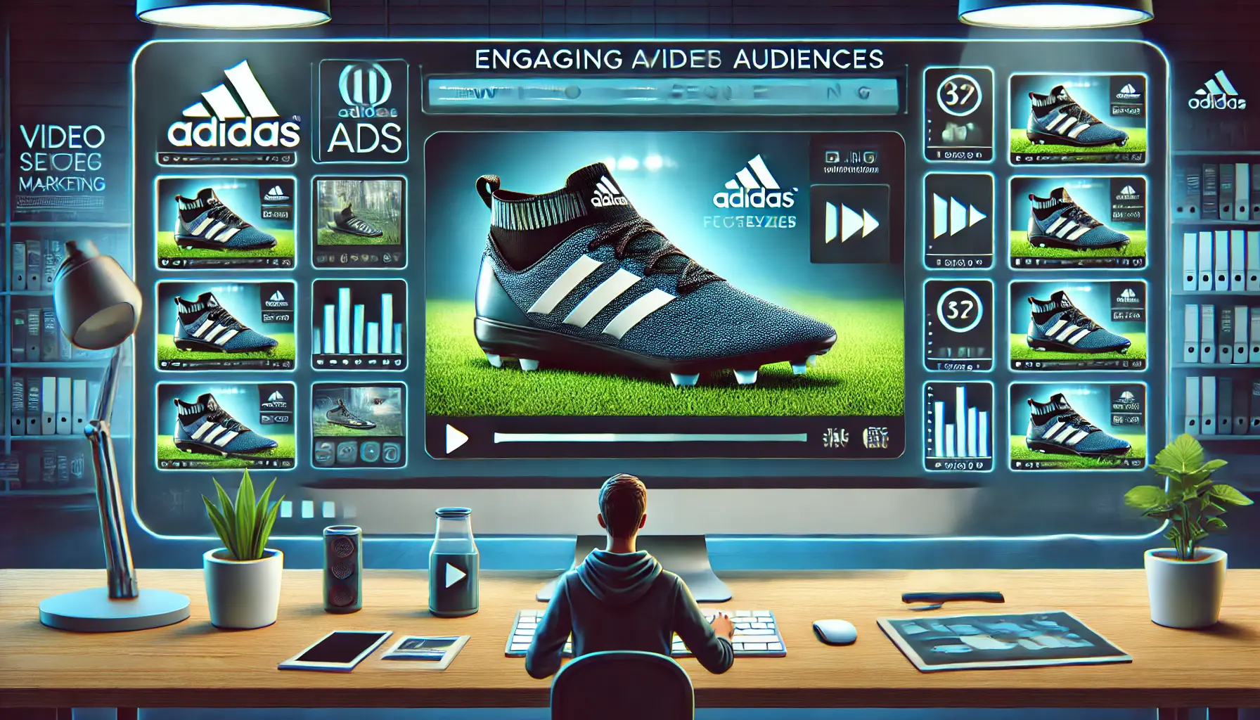 A marketer reviewing a series of video ads on a computer screen, each clip providing more information about Adidas' Nemeziz football shoe, symbolizing a sequential video campaign.