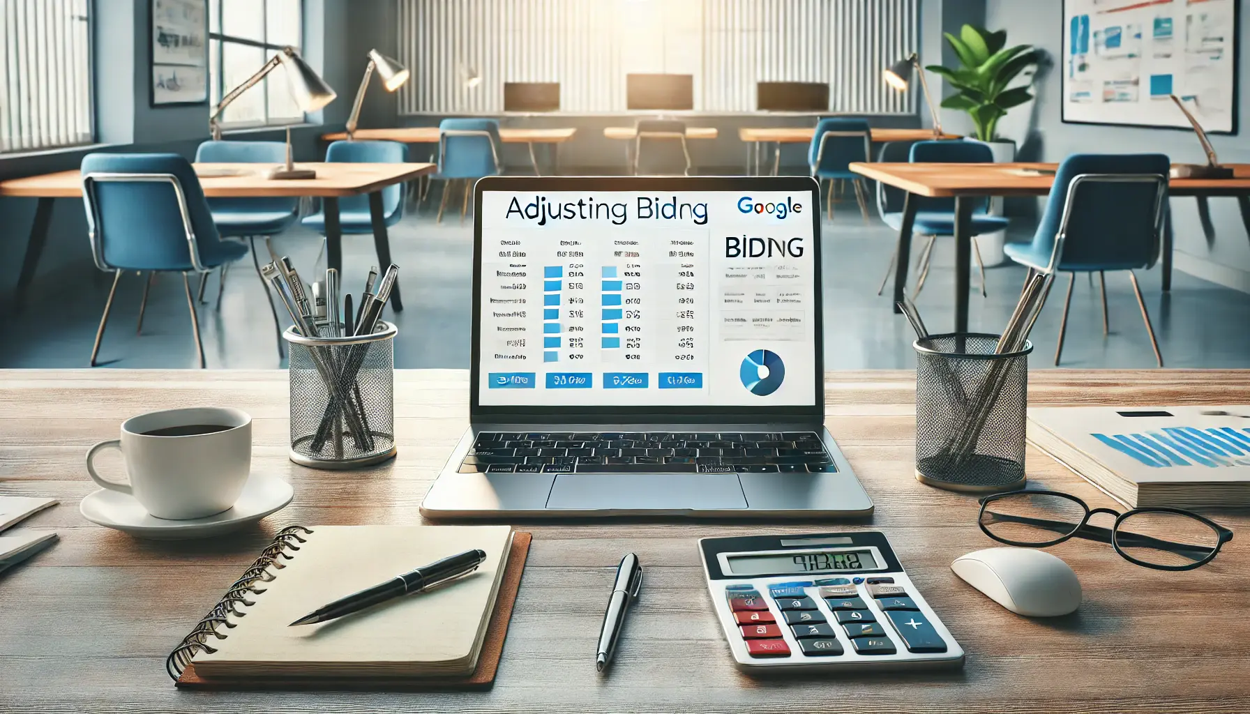 A modern office workspace with a laptop displaying a bidding strategy interface, surrounded by a calculator, notepad, and pen.