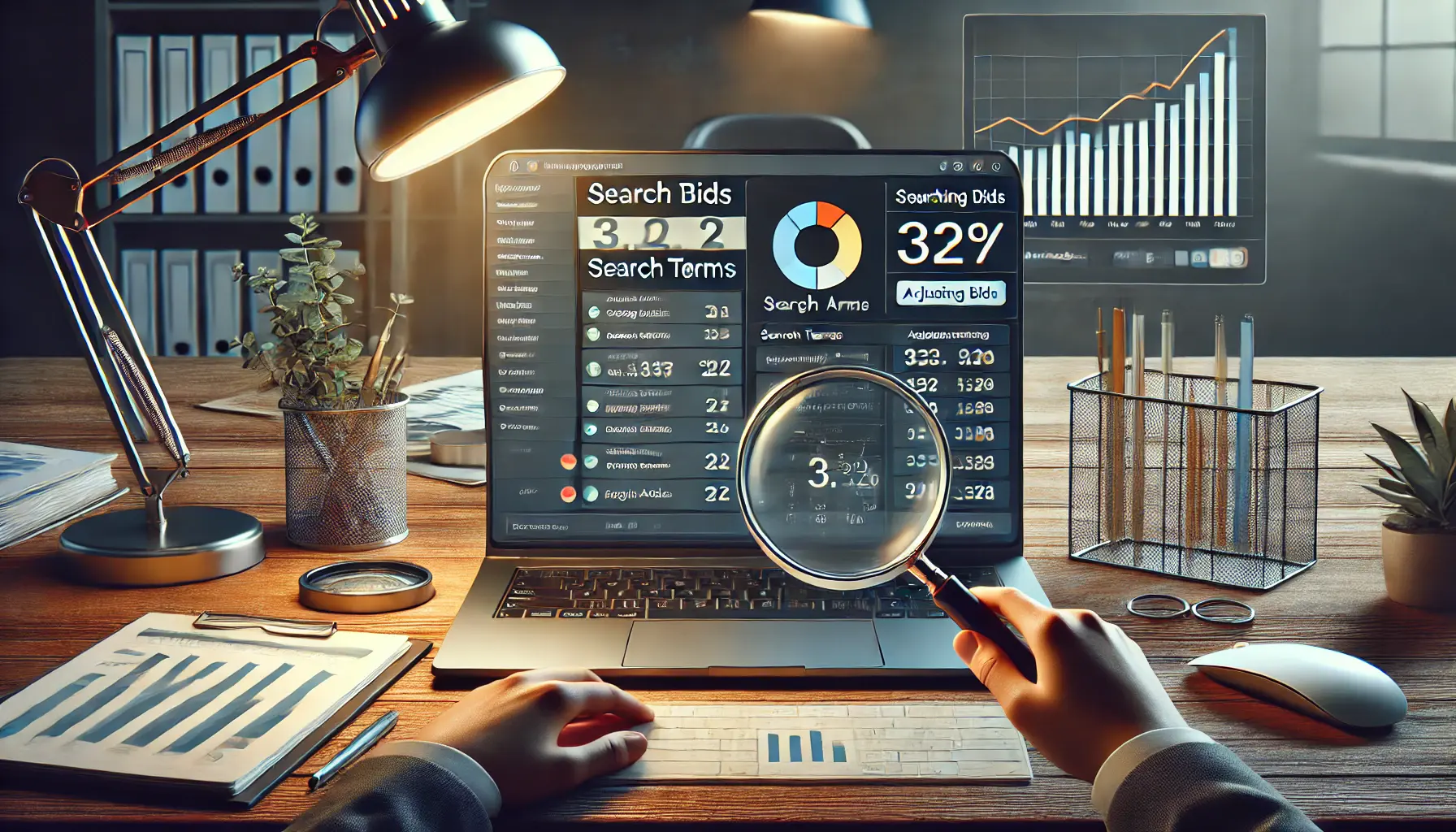 A digital marketing workspace showing a person adjusting bids on the Google Ads dashboard based on search term performance data, with surrounding charts and graphs.