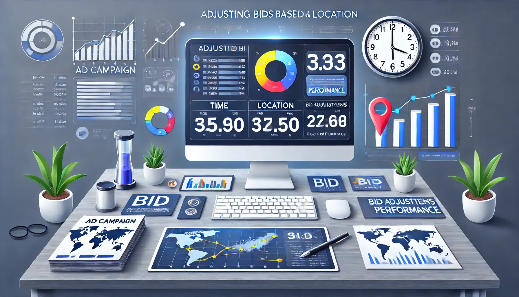 A computer screen displaying an ad campaign dashboard with time and location-based performance data, along with elements like a clock, map, and bid adjustment charts.