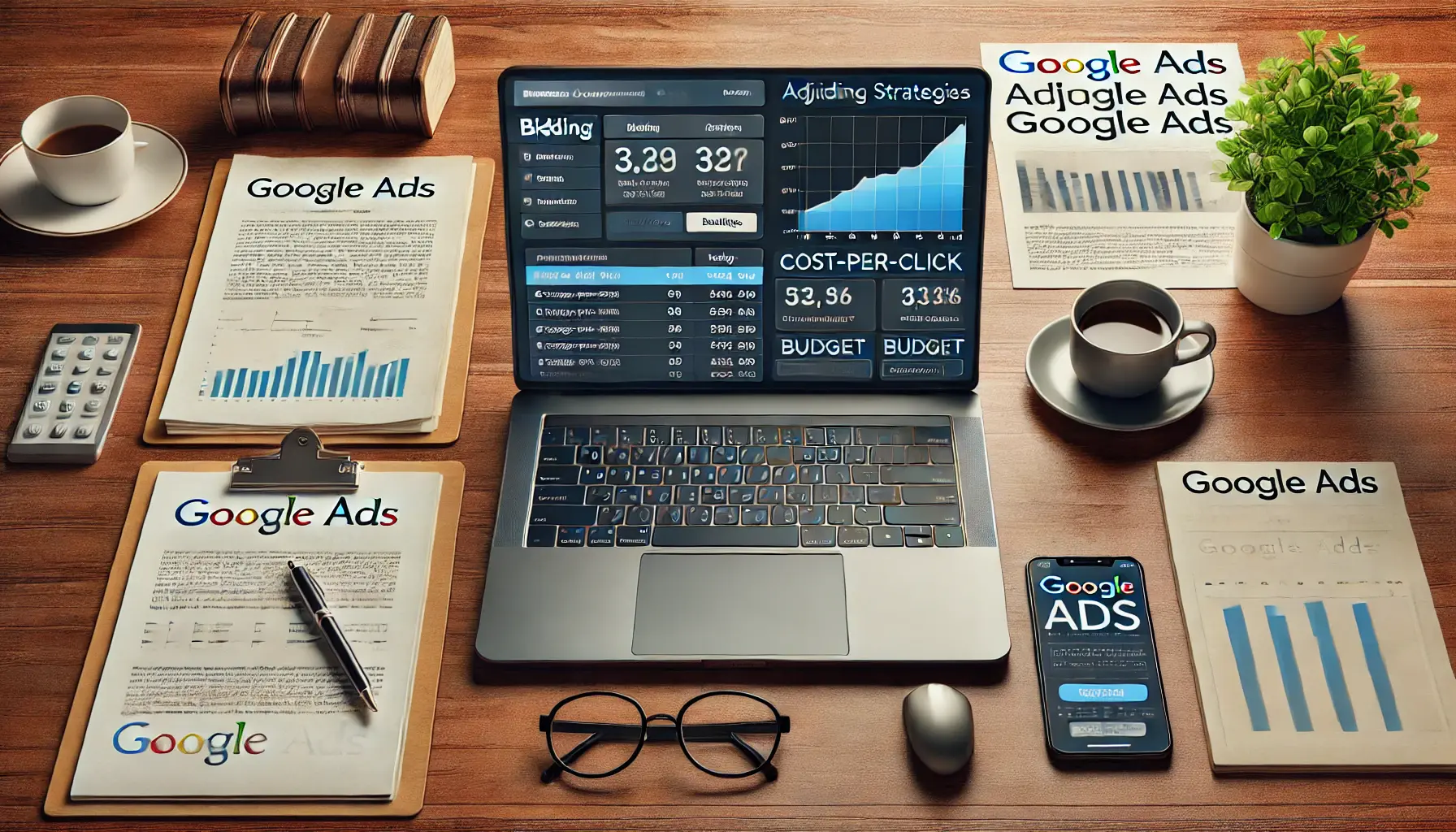 A modern office desk with a laptop displaying Google Ads bidding strategy options, such as cost-per-click and budget metrics, with legal documents and a cup of coffee nearby.