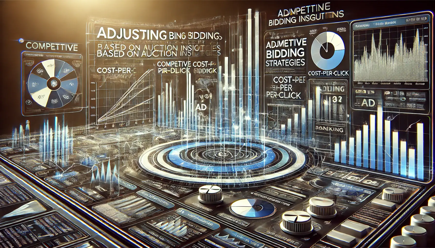 A dynamic dashboard with sliders, graphs, and performance indicators showcasing bidding strategy adjustments.