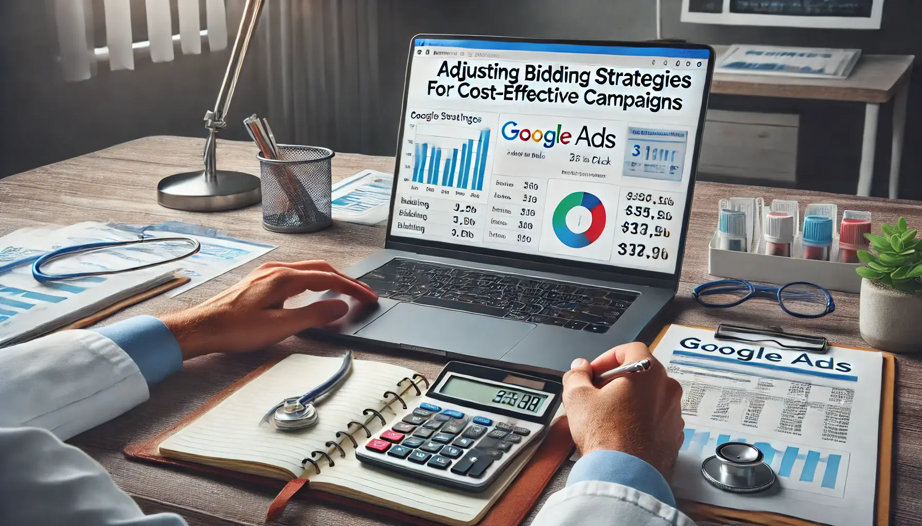 A healthcare marketer analyzing bidding strategies on a Google Ads dashboard, surrounded by a calculator, notes, and medical elements.