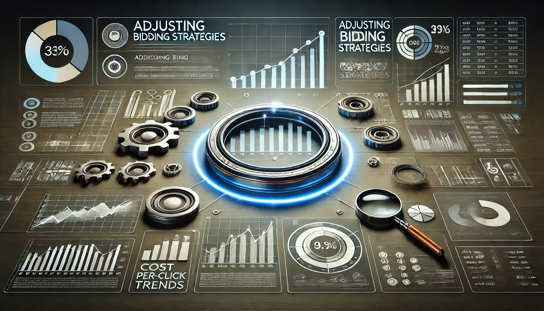 A digital interface displaying bidding controls like sliders, cost-per-click trend graphs, and budget allocation tools, surrounded by icons for analytics and optimization.