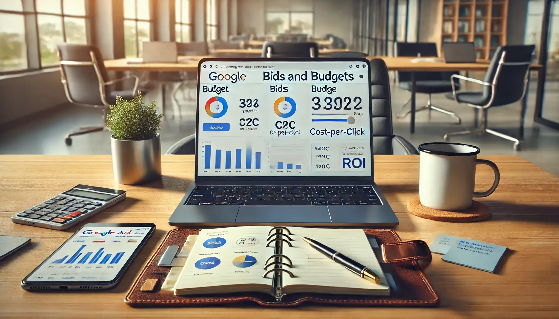 A laptop displaying Google Ads bid and budget adjustment interface, with sliders for budget settings and performance metrics, set on a modern desk with a notebook, tablet, and coffee mug.