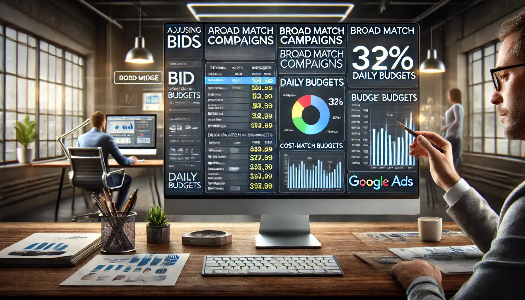 A digital workspace showing a marketer adjusting bid settings and daily budgets for broad match campaigns on a computer screen.