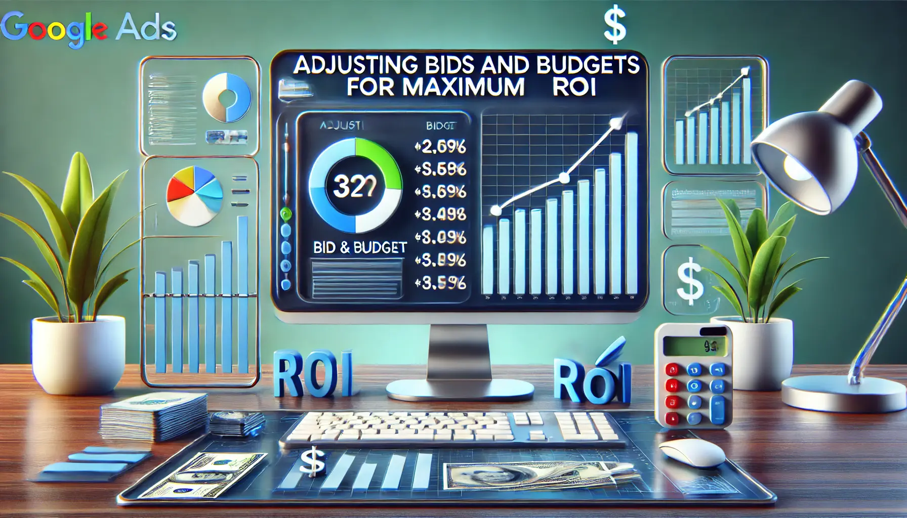 A modern office with a computer displaying a Google Ads dashboard with bid and budget adjustment sliders, surrounded by symbols like a dollar sign, an upward arrow, and a calculator.