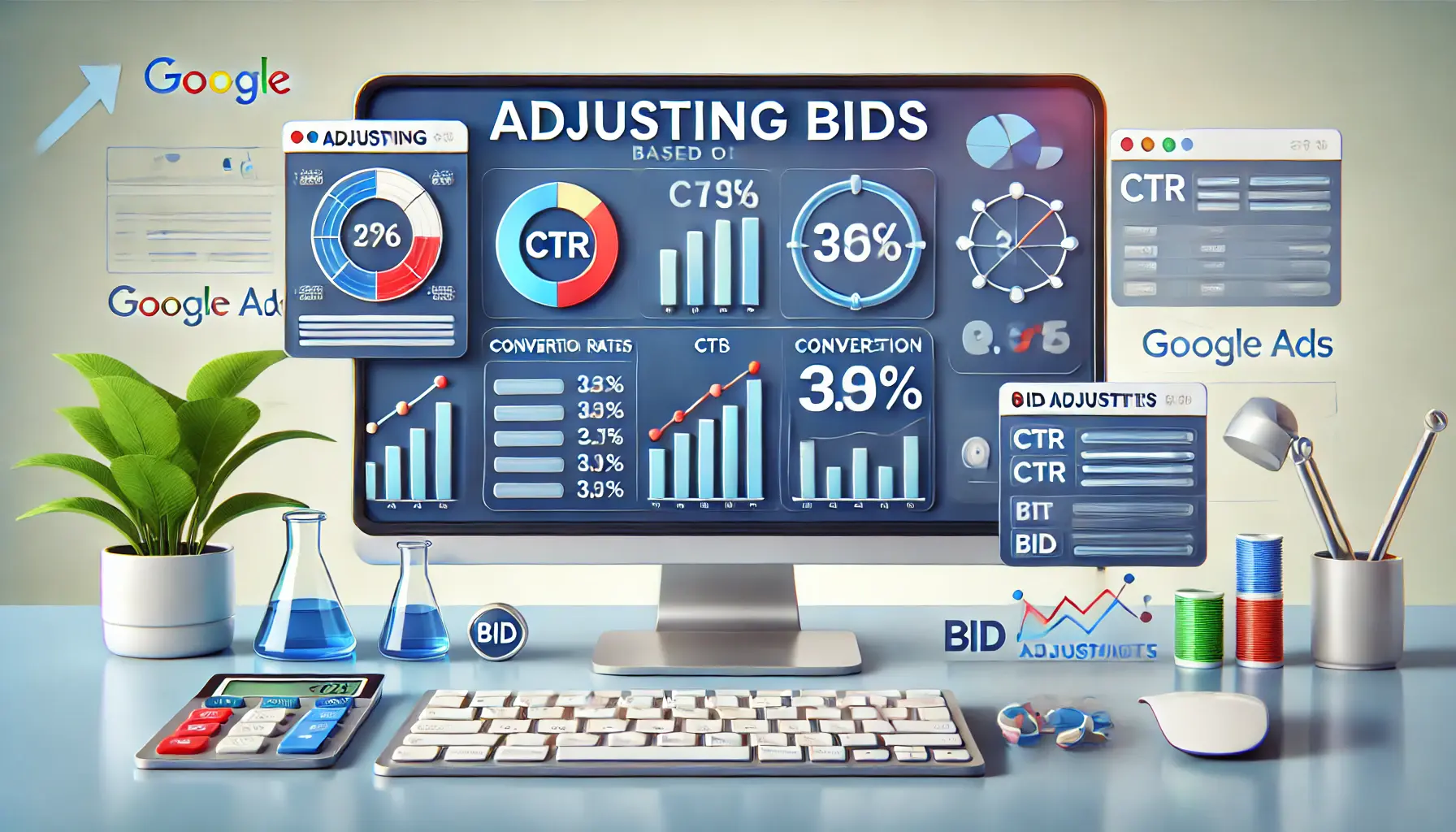 An illustration showing the process of adjusting bids based on CTR analysis with a bidding dashboard, graphs, and performance metrics on a computer screen.