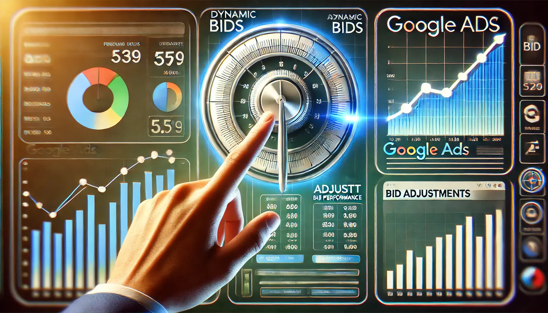 A symbolic depiction of a hand adjusting a dial with performance charts and a Google Ads dashboard in the background, illustrating bid optimization.