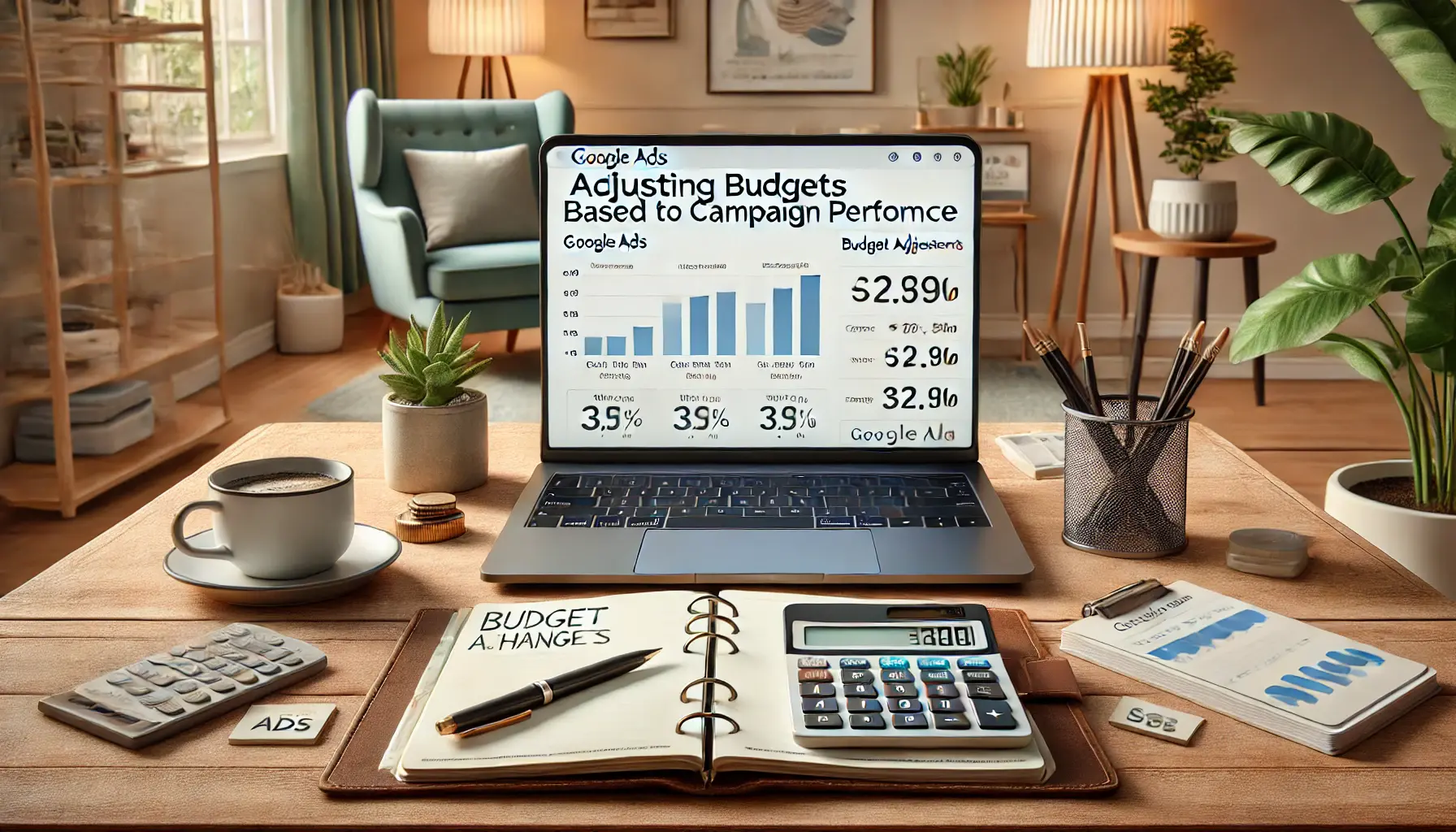 An image showing a Google Ads dashboard on a laptop with performance metrics, surrounded by budgeting tools in a therapy office setting.