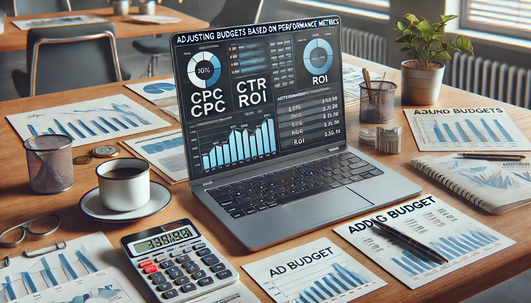 A workspace with a laptop displaying a financial dashboard with performance metrics, such as CPC, CTR, and ROI, reflecting the adjustment of ad budgets.