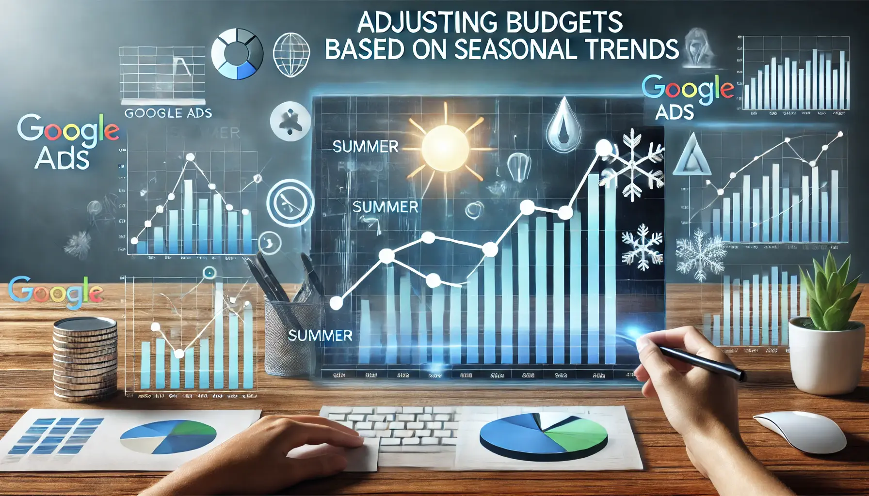 Digital workspace with seasonal trend graphs and budget adjustments for Google Ads.