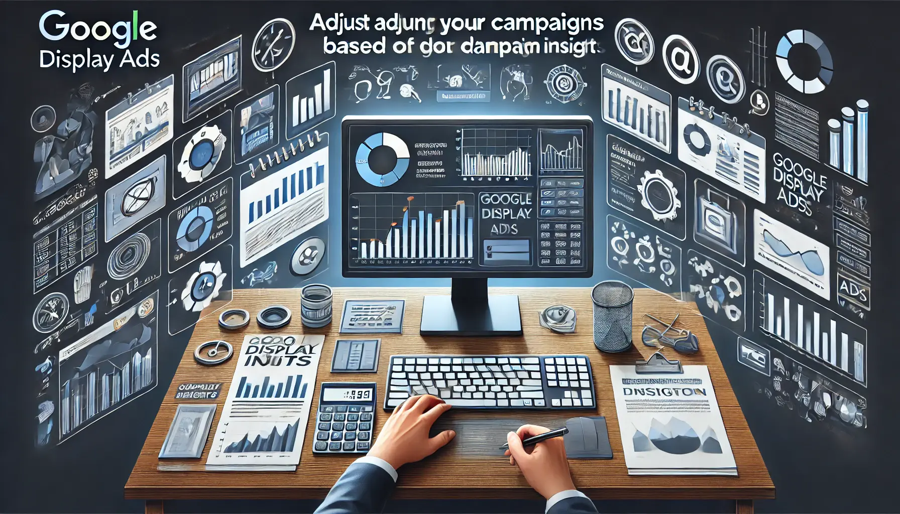 A professional workspace with a computer displaying a campaign dashboard showing performance data, graphs, and optimization insights, surrounded by icons representing data analysis and campaign adjustments.