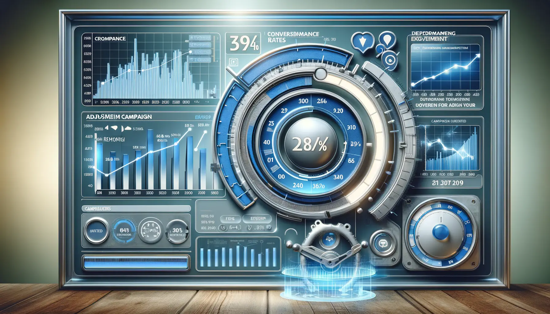 A digital dashboard displaying performance data, including graphs, conversion rates, and campaign adjustments through sliders and optimization tools.