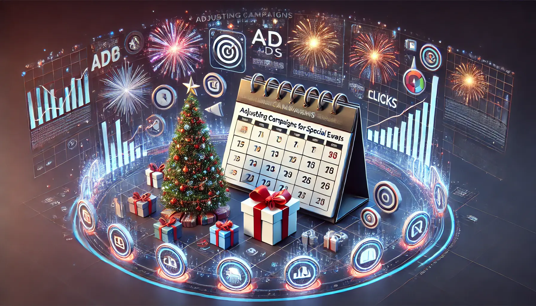 An image featuring a calendar with holiday icons like a Christmas tree, fireworks, and a gift box, alongside dynamic ad graphs and engagement symbols, representing campaign adjustments for special events.